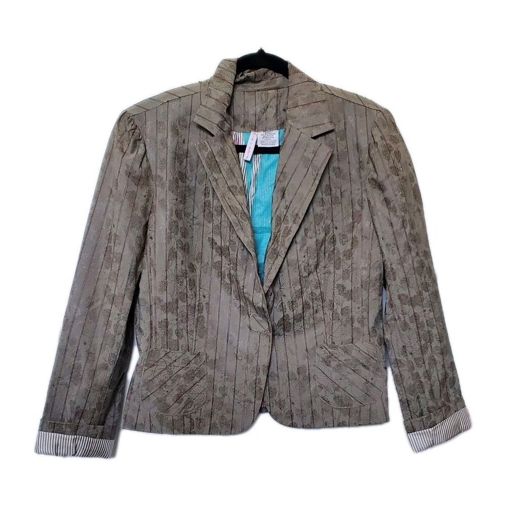 Tom K Nguyen Anthropologie Blazer Brown Floral Strawberry Print Striped Sz 10